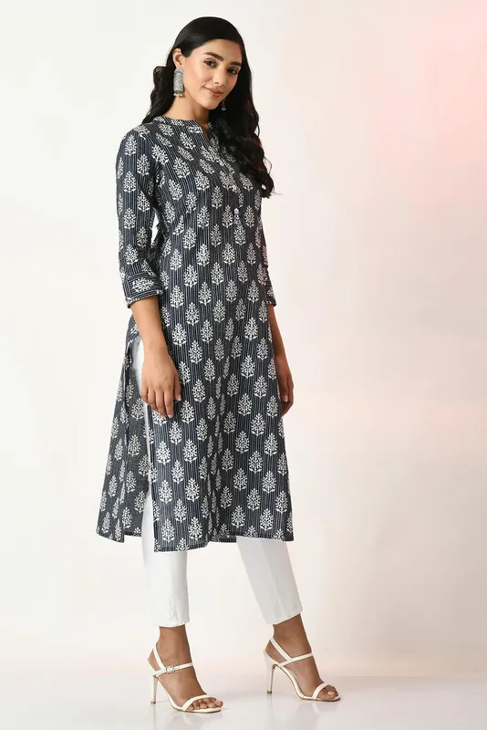 Blue Printed Straight Kurta