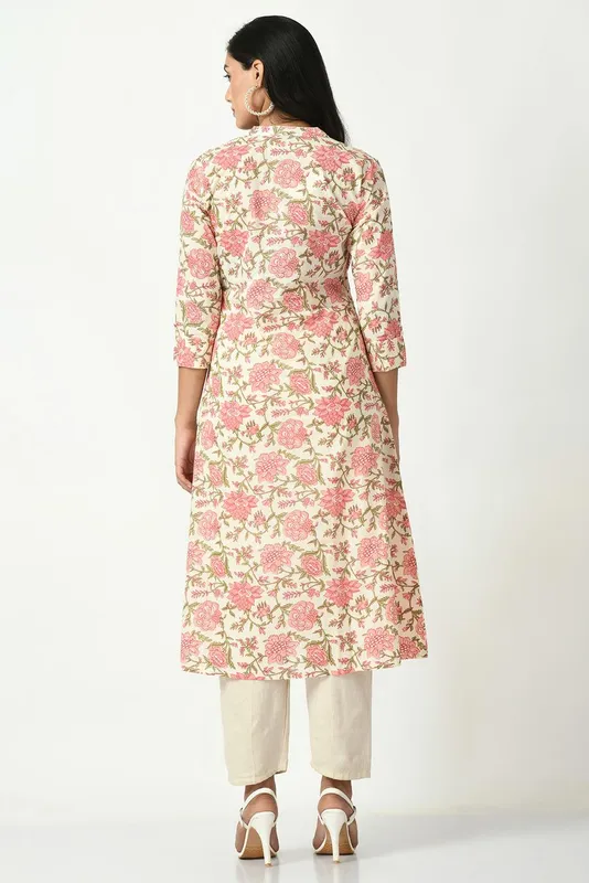 Cream Floral Printed A-Line Kurta