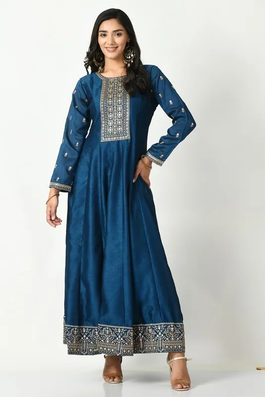 Teal Zari Embroidered Dress