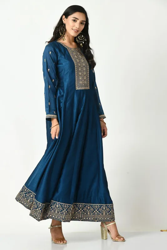 Teal Zari Embroidered Dress