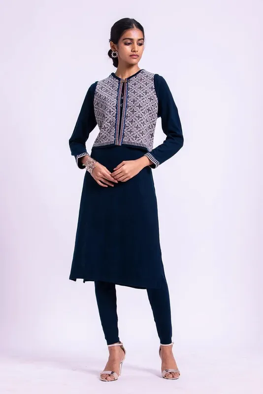 Winter Blue Straight Kurta with Mock Jacket