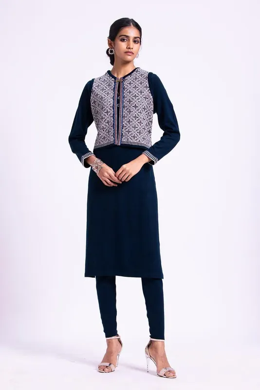 Winter Blue Straight Kurta with Mock Jacket