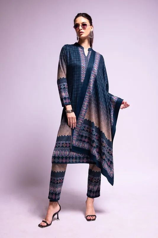 Winter Blue Ethnic Motifs Printed Sequined Kurta Set