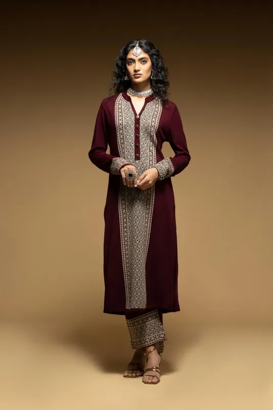 Winter Maroon Woven Design Kurta Set