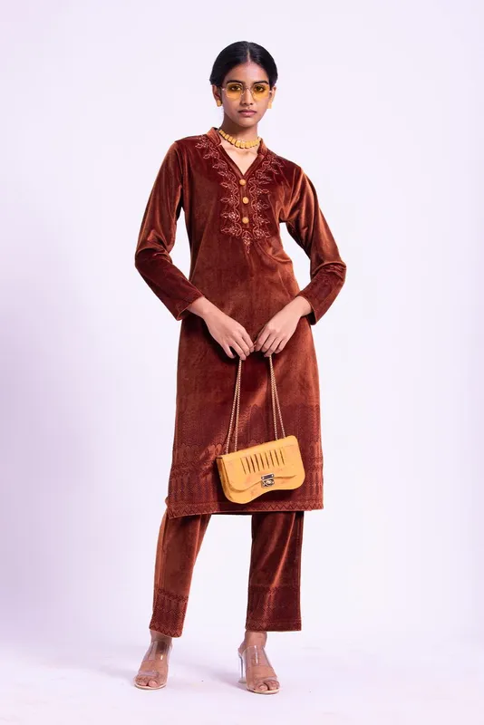 Winter Brown Embellished Velvet Kurta Set