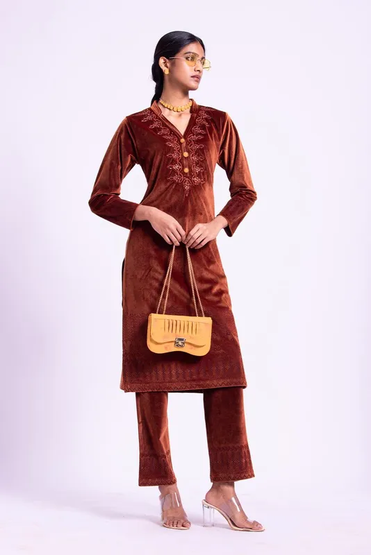 Winter Brown Embellished Velvet Kurta Set