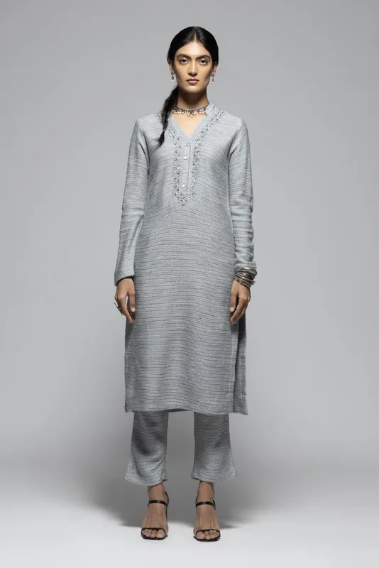 Winter Grey Knitted Design Kurta Set