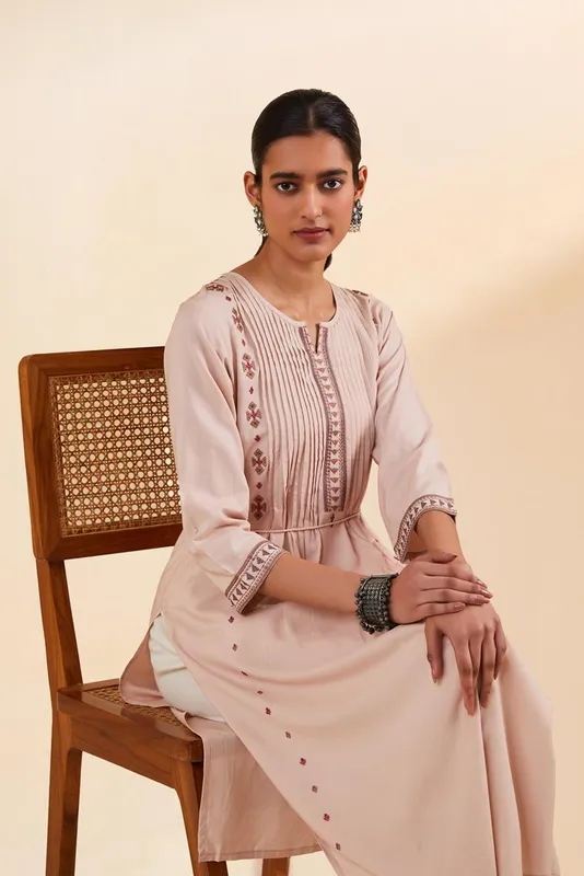 Beige Embroidered Straight Kurta