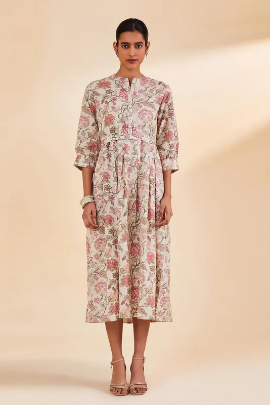 Off White Floral Printed A-Line Dress