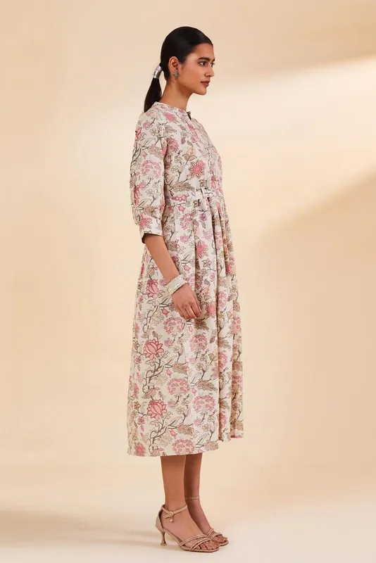 Off White Floral Printed A-Line Dress