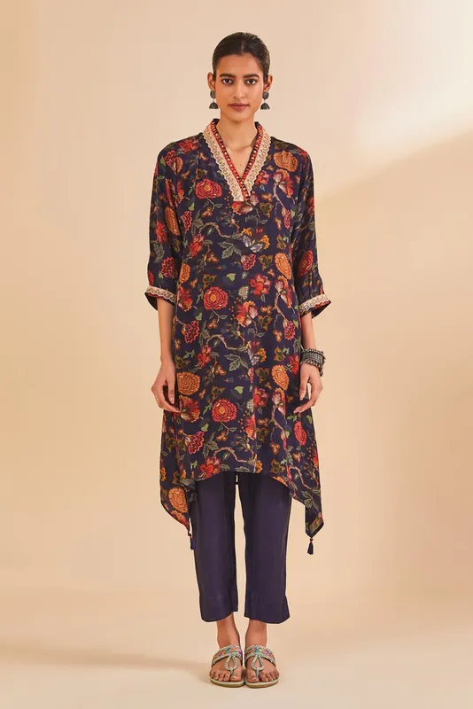 Navy Blue Printed A-Line Kurta Set