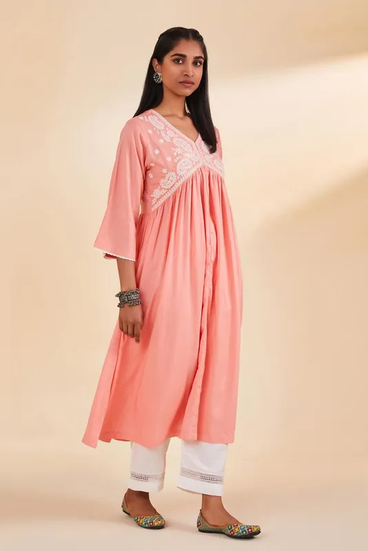 Peach Yoke Embroidered Dress