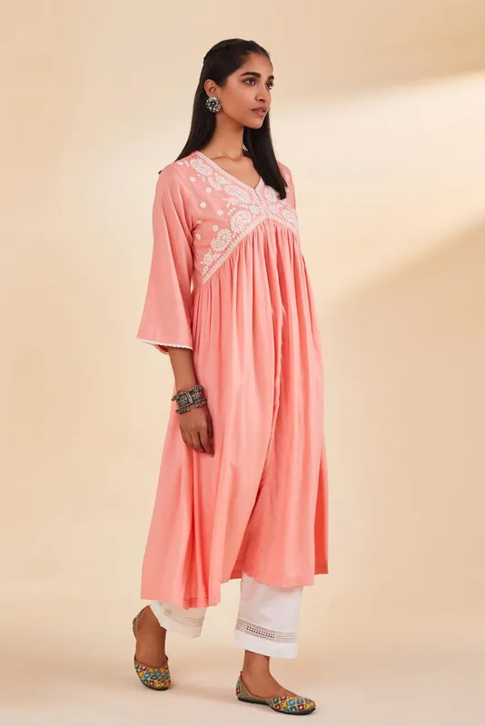 Peach Yoke Embroidered Dress