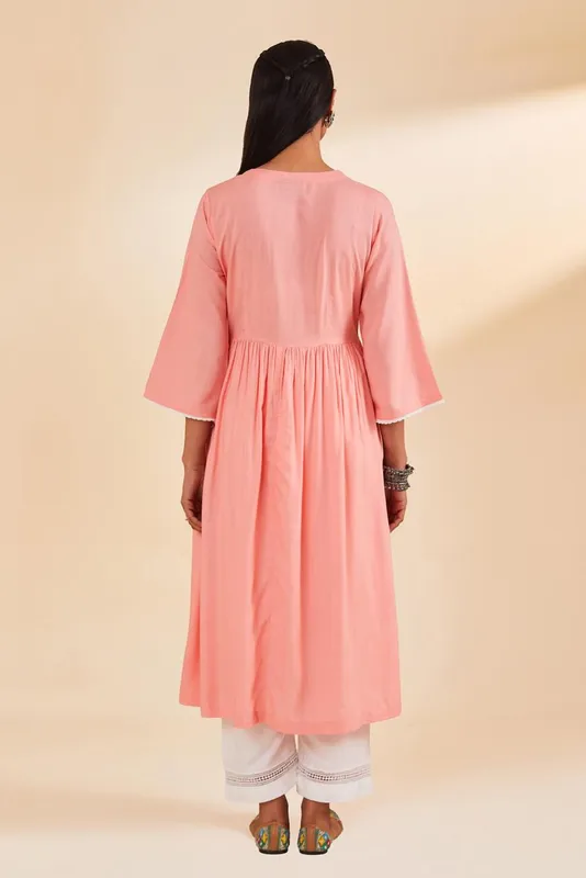 Peach Yoke Embroidered Dress