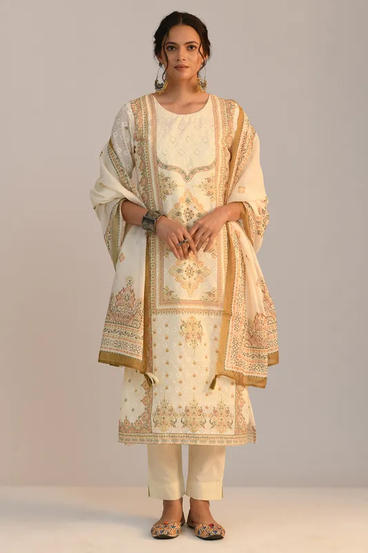 Cream Embroidered Kurta Set