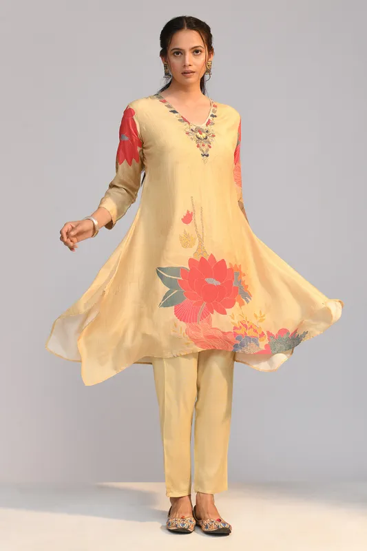 Beige Printed A Line Kurta Set