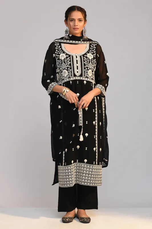 Black Chikankari Straight Kurta Set