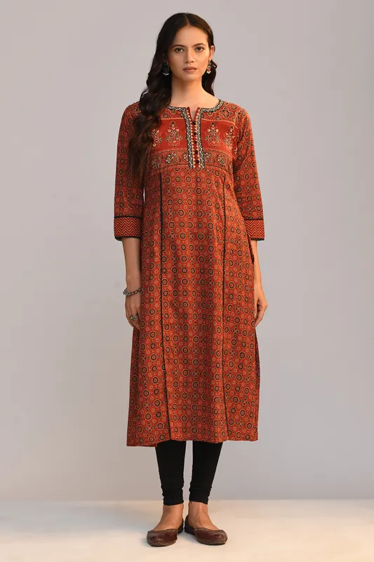 Rust Printed Straight Kurta