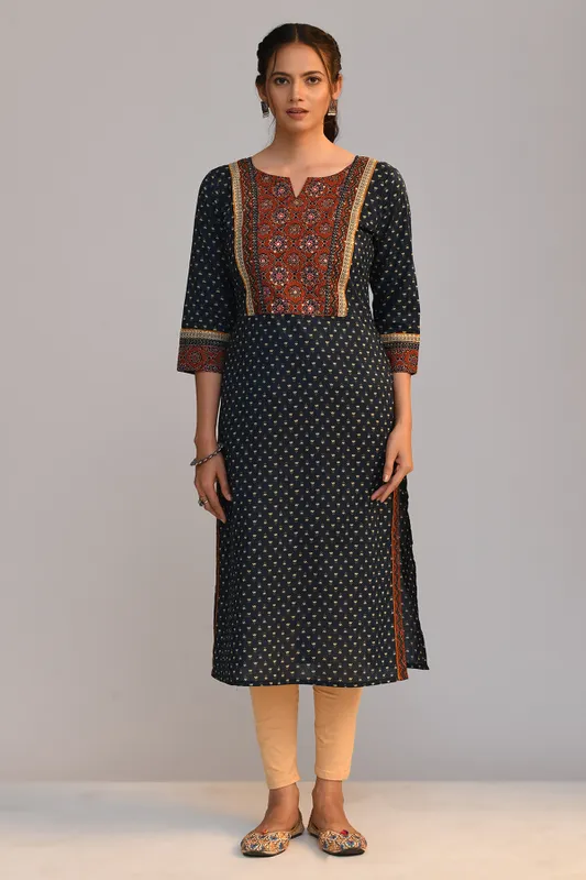 Teal Printed Straight Kurta