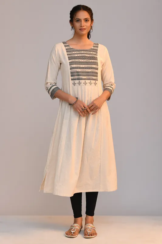 Cream Yoke Embroidered A Line Kurta