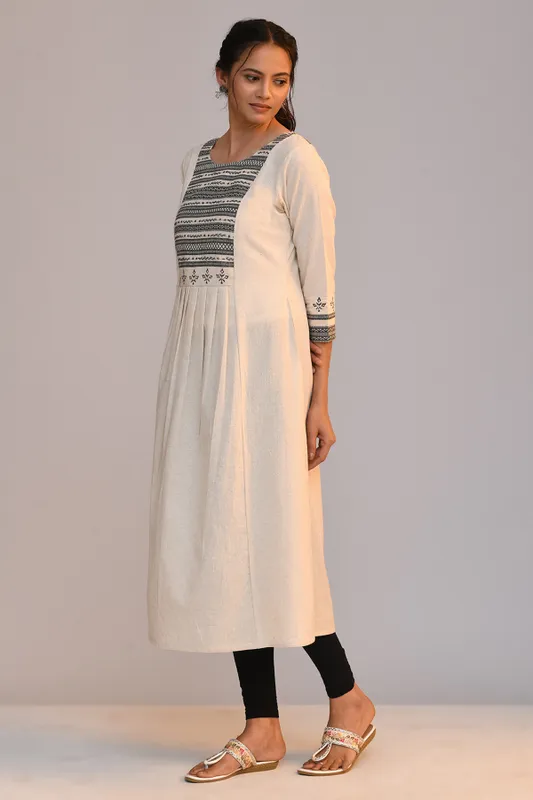 Cream Yoke Embroidered A Line Kurta