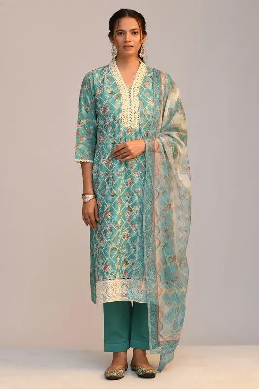 Green Embroidered Straight Kurta Set