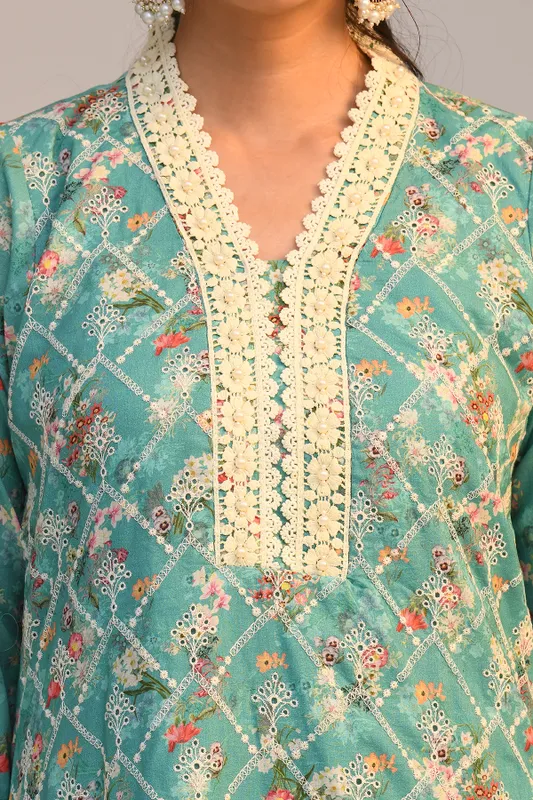 Green Embroidered Straight Kurta Set