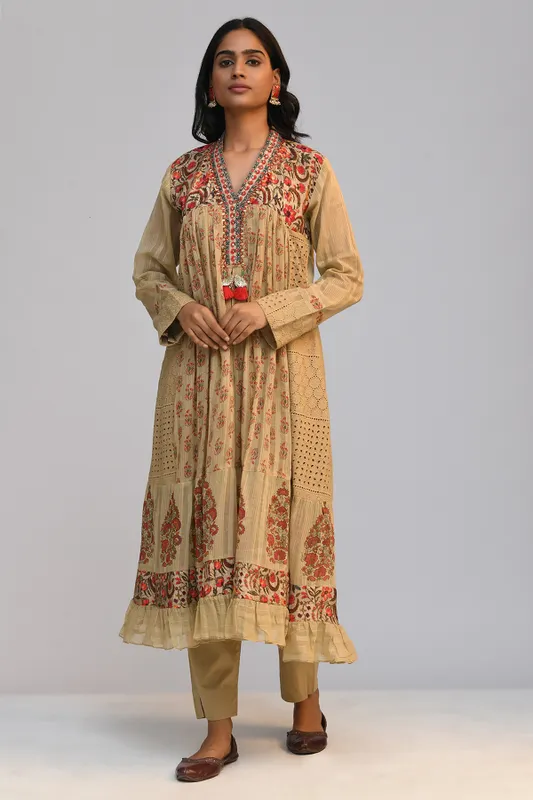 Beige Printed Flared Kurta Set