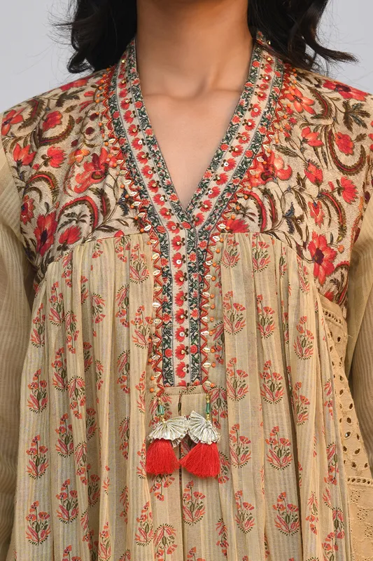 Beige Printed Flared Kurta Set