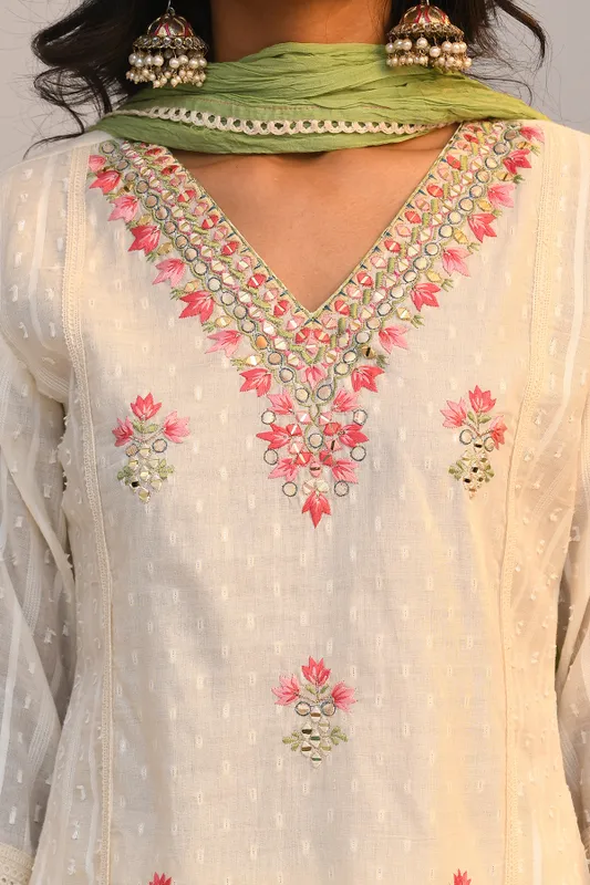 Cream Embroidered Kurta Set