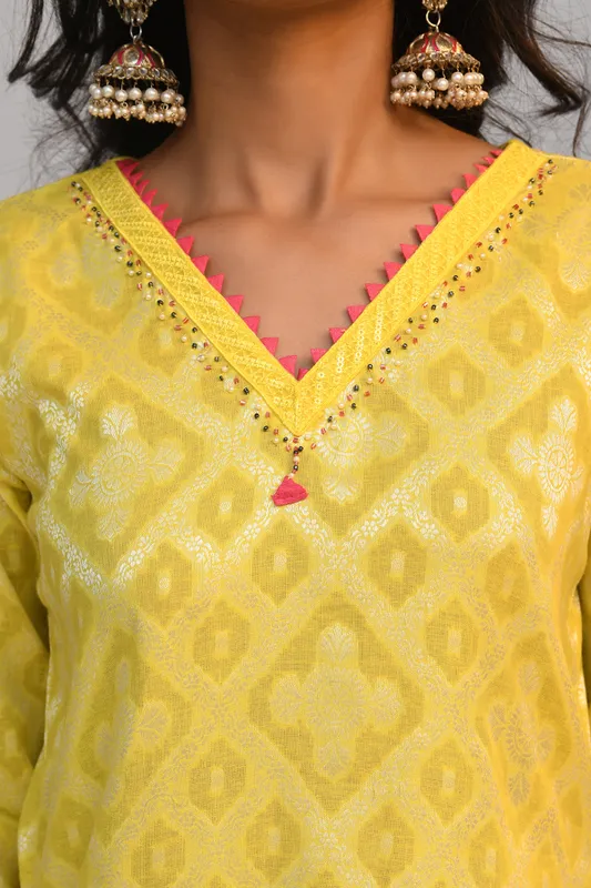 Yellow Printed A Line Kurta Set