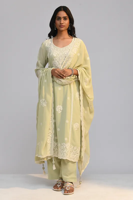 Pista Green Chikankari Straight Kurta Set