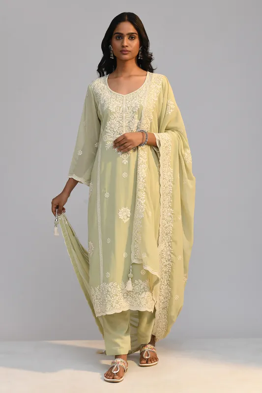 Pista Green Chikankari Straight Kurta Set