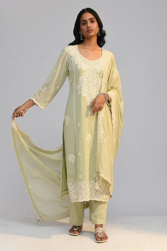 Pista Green Chikankari Straight Kurta Set