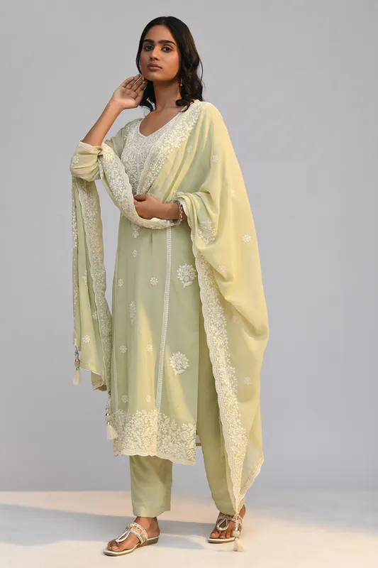 Pista Green Chikankari Straight Kurta Set