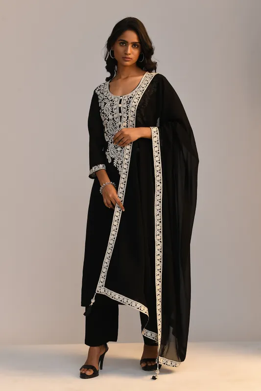 Black Chikankari Straight Kurta Set