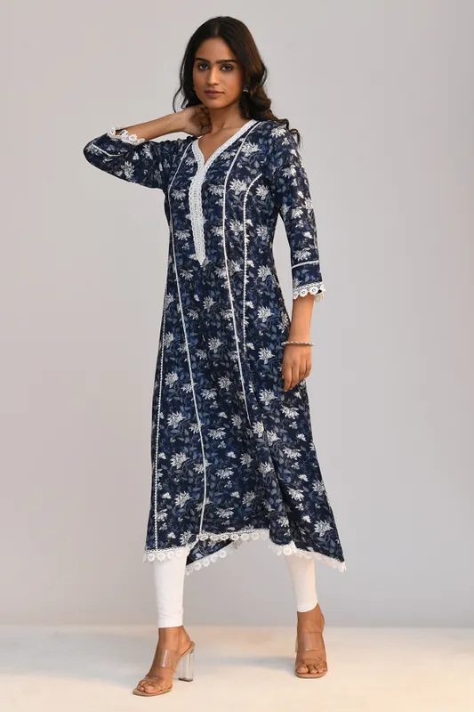 Blue Printed A Line Kurta