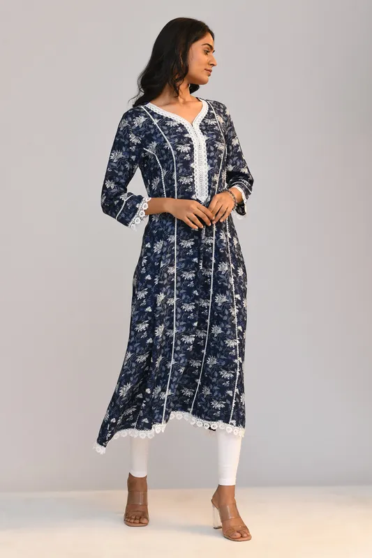 Blue Printed A Line Kurta