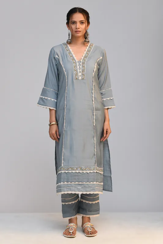 Grey Embroidered Straight Kurta Set