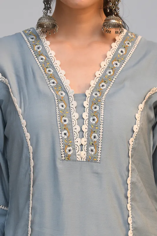 Grey Embroidered Straight Kurta Set