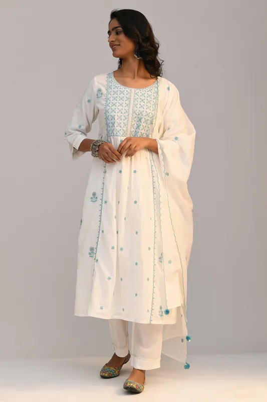 White Embroidered A Line Kurta Set