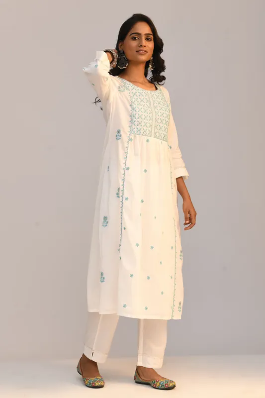 White Embroidered A Line Kurta Set