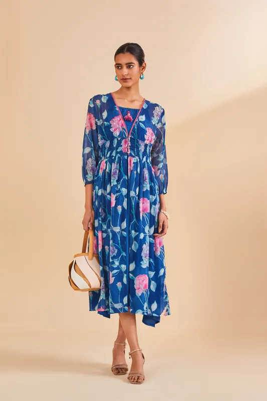 Blue Printed Flared Dress