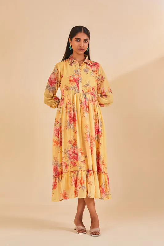 Yellow Printed Flared Dress