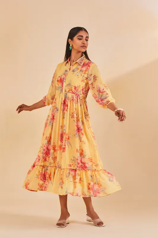 Yellow Printed Flared Dress