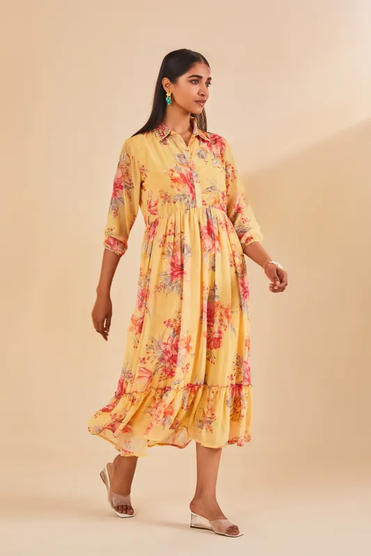 Yellow Printed Flared Dress