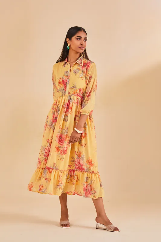 Yellow Printed Flared Dress