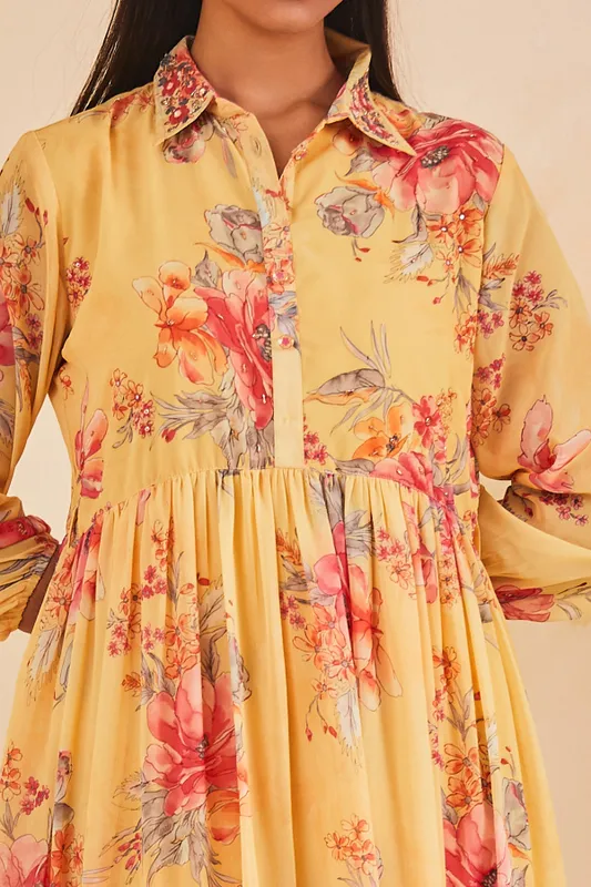 Yellow Printed Flared Dress