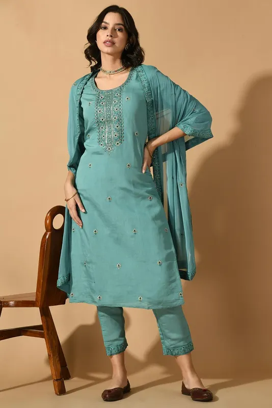 Green Embroidered Kurta Set