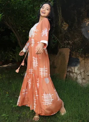 Printed light orange cotton long kurti
